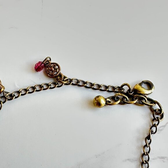 Brass Chain Ankle Bracelet With Red & Blue Glass Dangles Adjustable 7-9 Inches - Picture 2 of 7